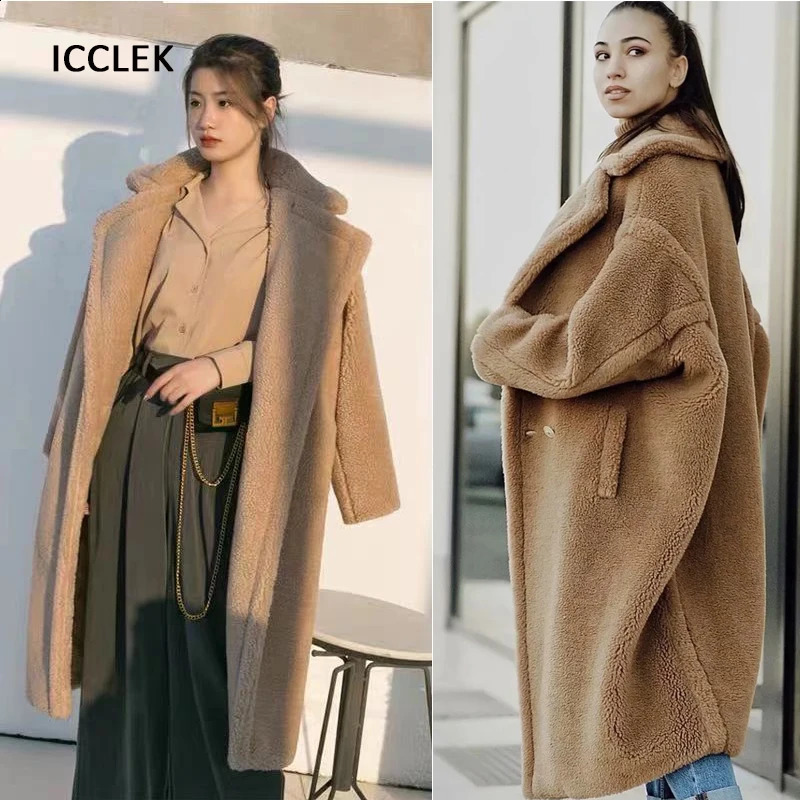 Casual loose autumn womens jacket winter teddy faux fur coat plush thick wool long 240731