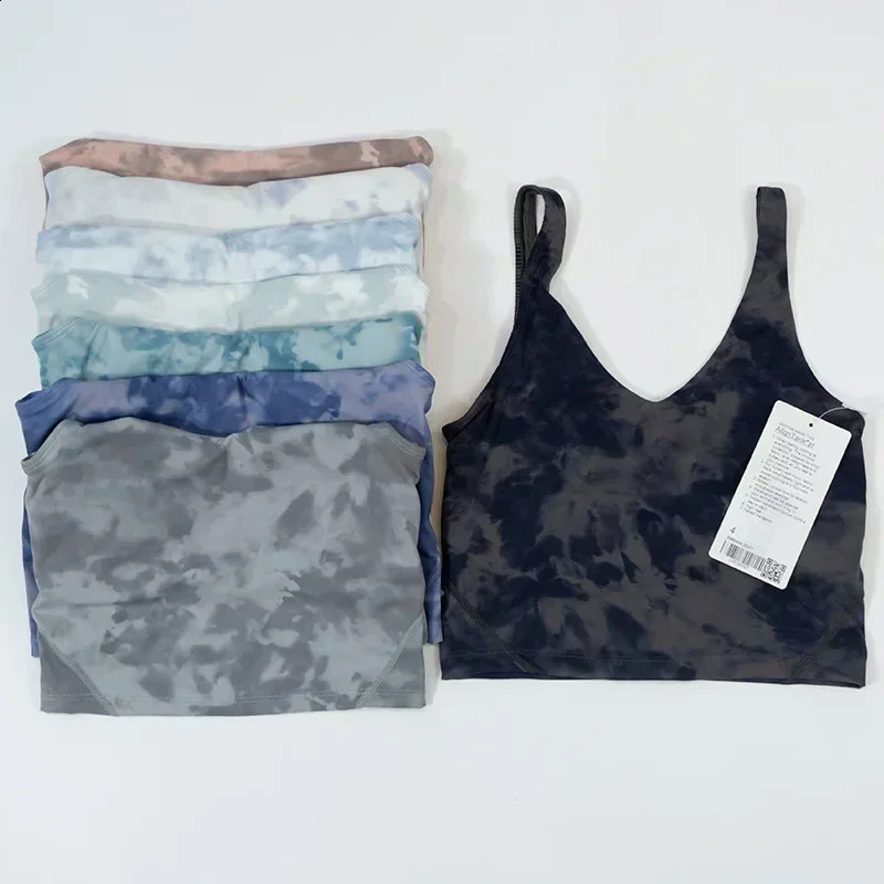 Womens tie dye printed vest sexy Tshirt solid seamless sports Ushaped bra womens crop builtin top sleeveless 240731