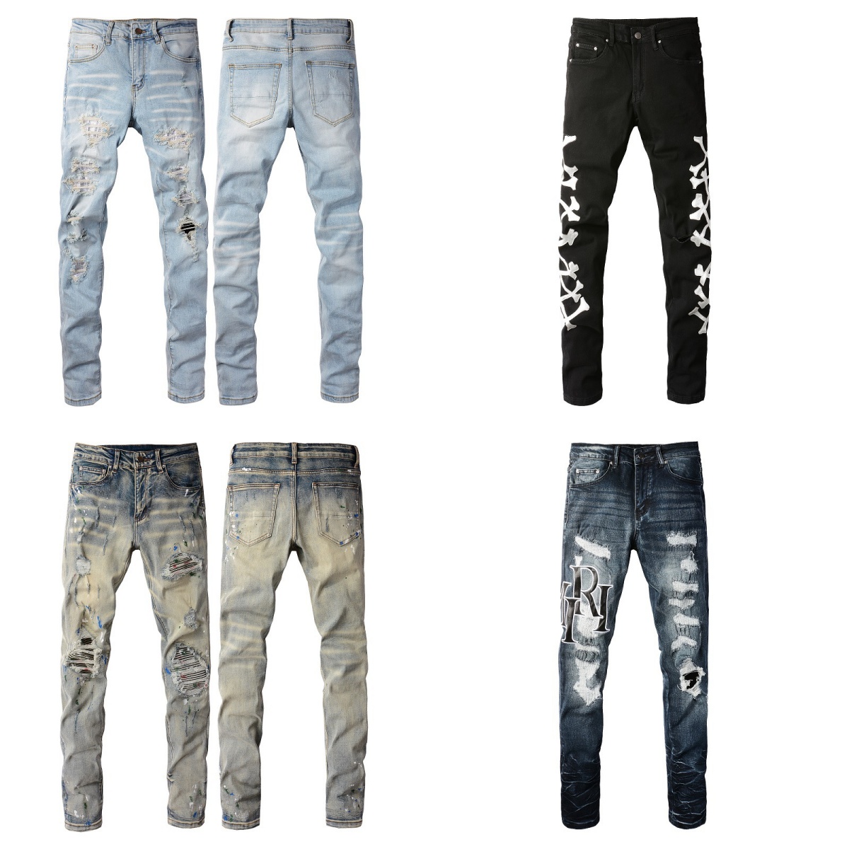 Men Streetwear Light Blue Denim Jeans Jeans Leather Patchwork New Rock Ragged Denim Pants Vintage Elastic Jeans