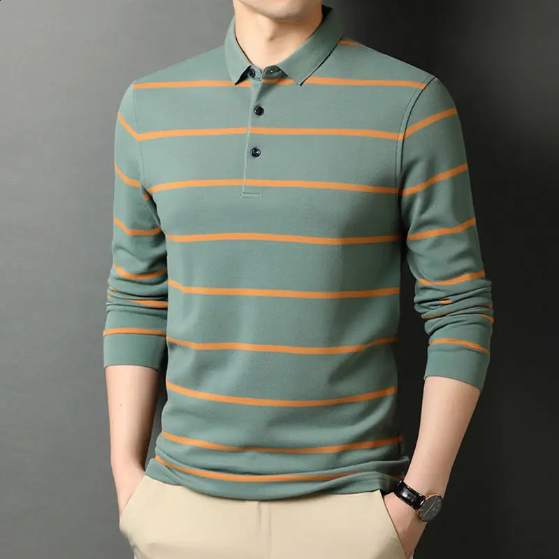 Fashion Men Cotton Long Sleev Polo Shirts Spring Autumn Male Clothes T-Shirt Lapel Basic Loose Thin Casual Striped Tops 240802