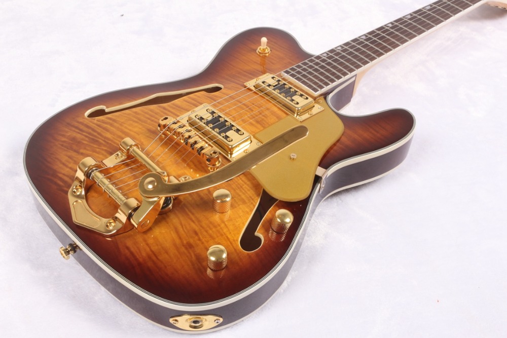 Paul Flame Maple Top Sunburst Jazz Electric Guitar Semi Hollow Body, Double Diamond Holes, Bigs Tailpiece, Gold Sparkle Pickguard-image-984722841