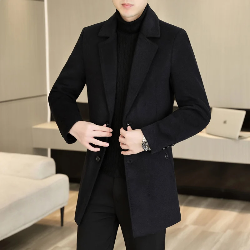 Korean fashion wool coat mens 2023 winter solid color long casual business trench slim fit windproof office social jacket 240801