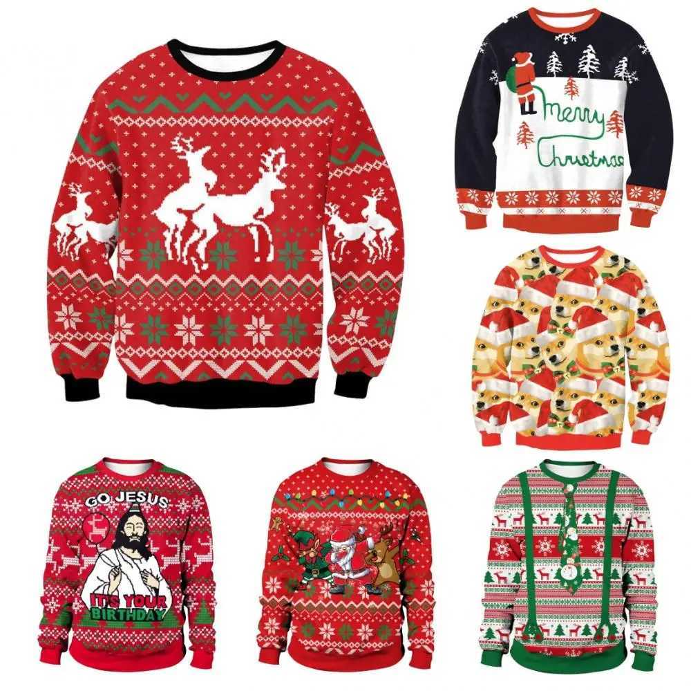 Men's Sweaters Womens Ugly Christmas Sweater Knitted Fun Dog Head Pulling Flower Humpback Reindeer Climate Christmas S-6Xl Mens Warm Jumping