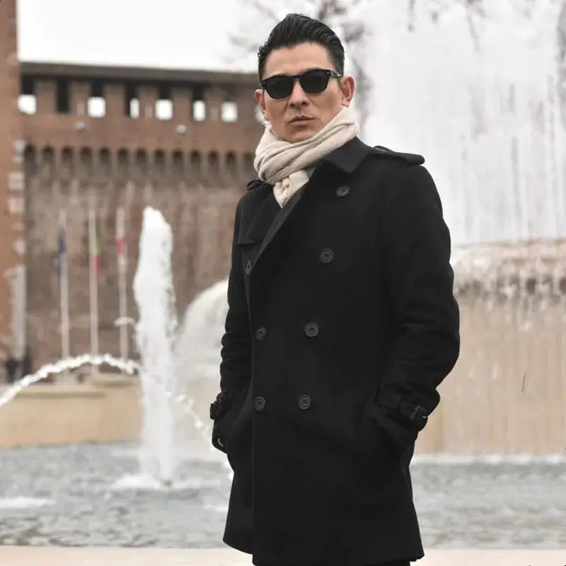 Mens wool coat double breasted casual autumn and winter youth jacket loose style fashionable green 240801