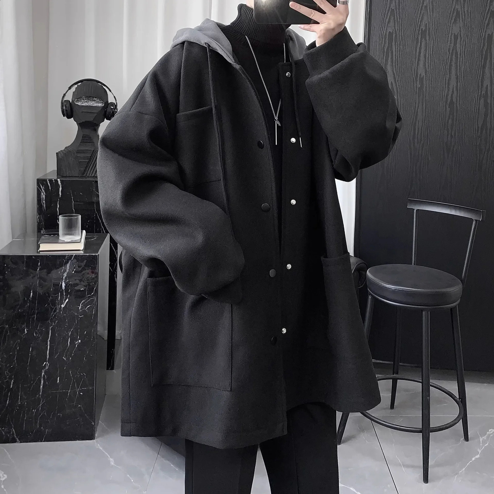 Black wool coat mens mid length hooded jacket thick suitable for loose fitting in winter Korean clothing 240801