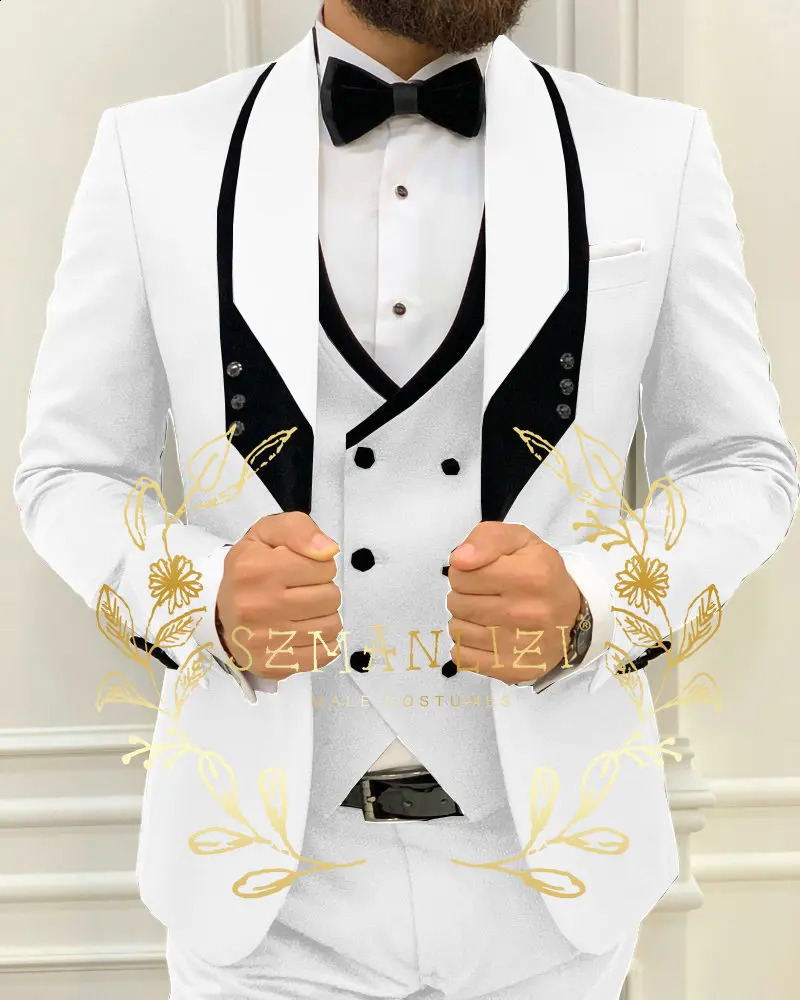 White Classic Men Suit 3 Piece Tuxedo Shawl Lapel Groomsmen Wedding Suits Set Fashion Men Business Blazer Jacket Pants Vest 240819