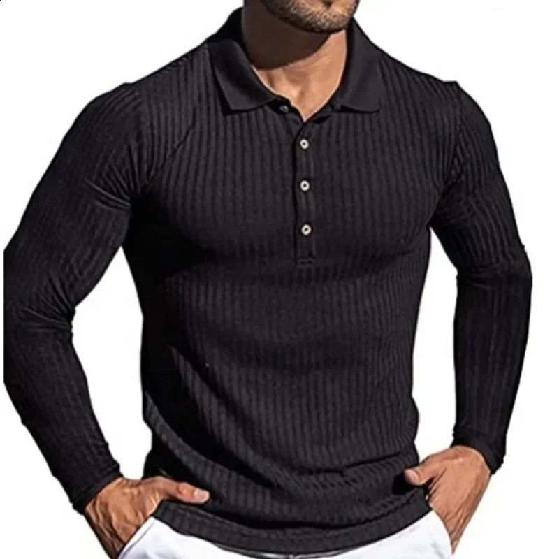 Mens Spring and Autumn High Elastic Vertical Long Sleeve POLO Shirt Slim Fit Knitted Underlay Shirt 240802