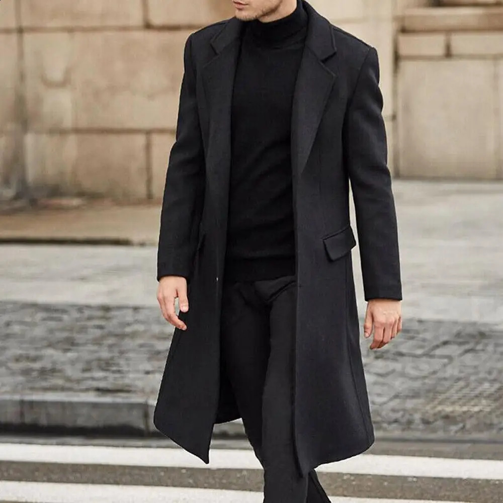 Men d'automne manteau en laine d'hiver couleur solide boutons à manches longues