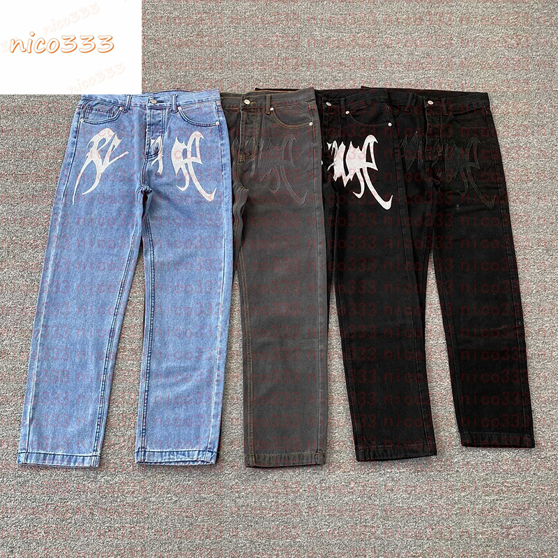 Avengers embroidered letters with tags light blue black and white vintage loose fit men and women straight jeans