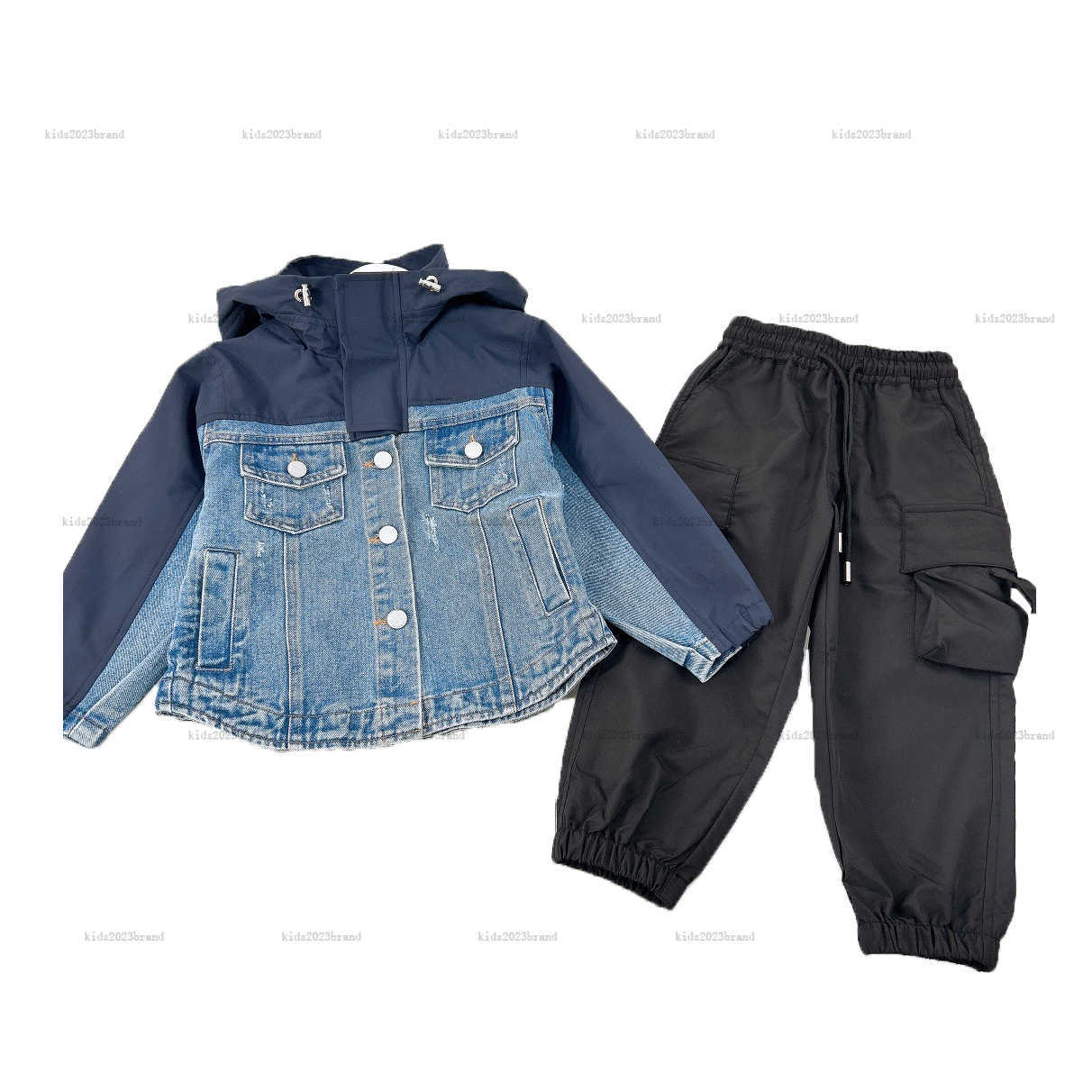 New kids coat set boys tracksuits two-piece set kids designer clothes baby Denim splicing design jacket and Pocket work pants-image-951468923
