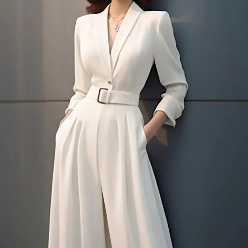 Spring Autumn Solid Color Fashion Jumpsuits Women V-neck Long Sleeve High Street High Waist Pockets Patchwork Wide Leg Trousers 240802