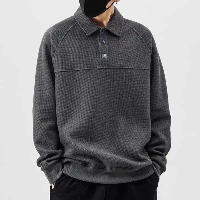Spring Autumn Solid Waffle Long Sleeved Polo Shirts Men Fashion Trend Lapel Button Patchwork Loose Breathable Outer Wear Top 240802