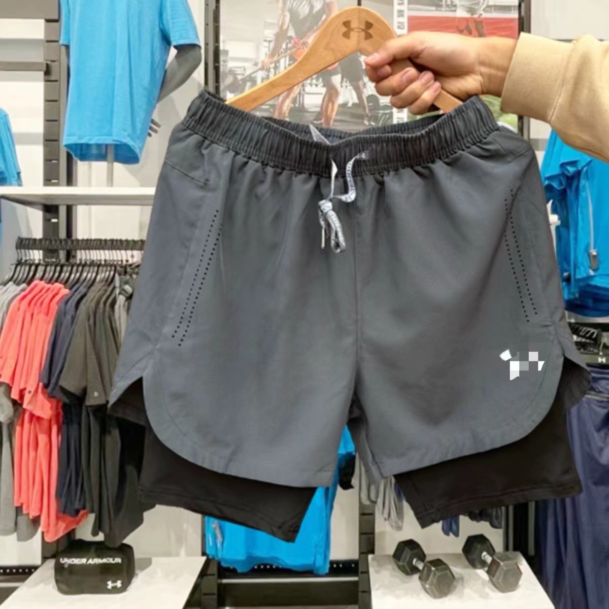 Ice silk quick drying fake two pairs with inner shorts men's summer loose stretch fitness running quarter pants J240802
