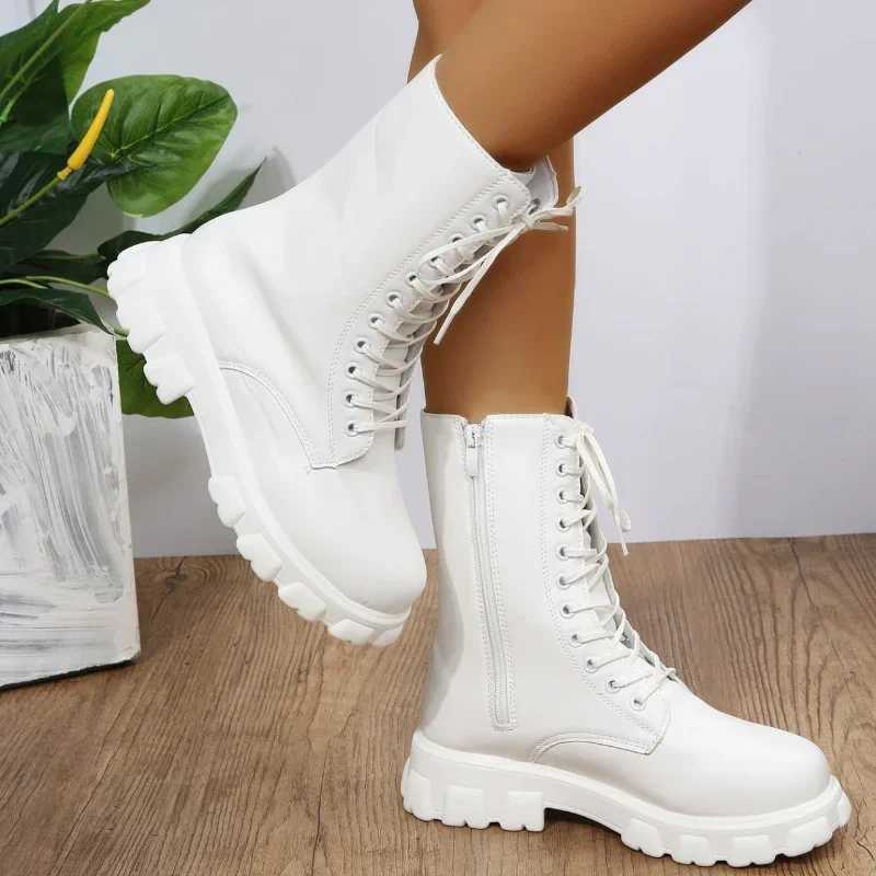 High Quality Wen Autumn Winter PU Leather White Ankle Motorcycle Boots Fem Chunky H Platform Boots Botas Mujer T241113