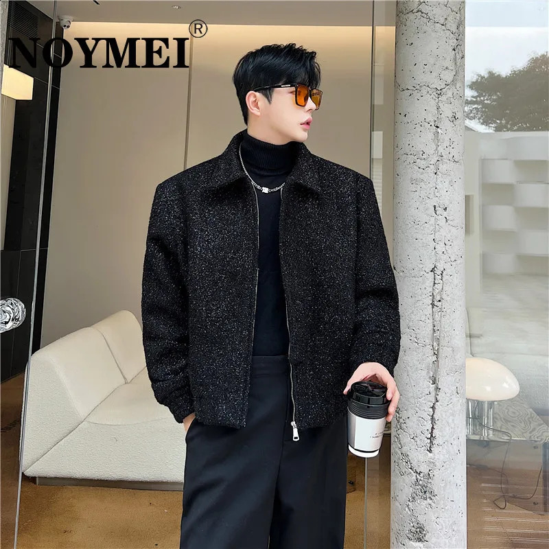 NOYMEI Mens Personality Bright Silk Korean Style Casual Thickened Woolen Coat Black Turn-down Collar Winter Short Jacket WA3290 240802