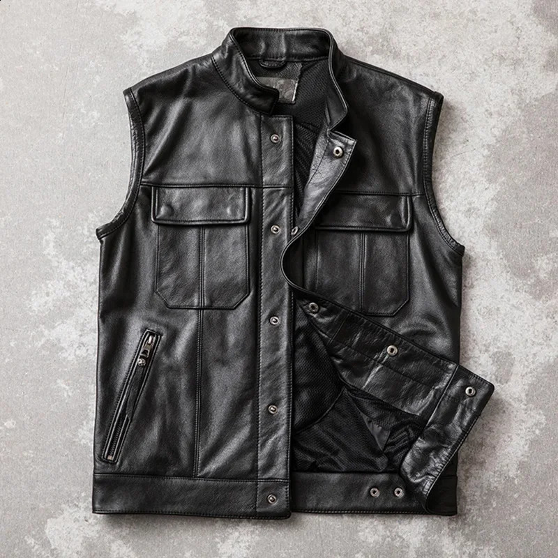 Motorcycle leather vest mens real cowhide sleeveless jacket 100 stand up collar waistcoat 240802