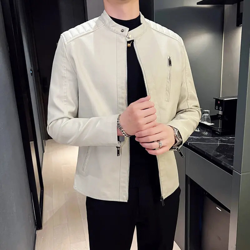 Spring and Autumn Mens Motorcycle Leather Jacket Casual Stand Collar Solid Color White Black Zip Up PU Coat y240814