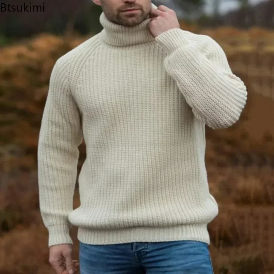 Mens thick warm neck sweater solid autumn and winter retro knitted simple mens elastic pullout loose casual top 240802