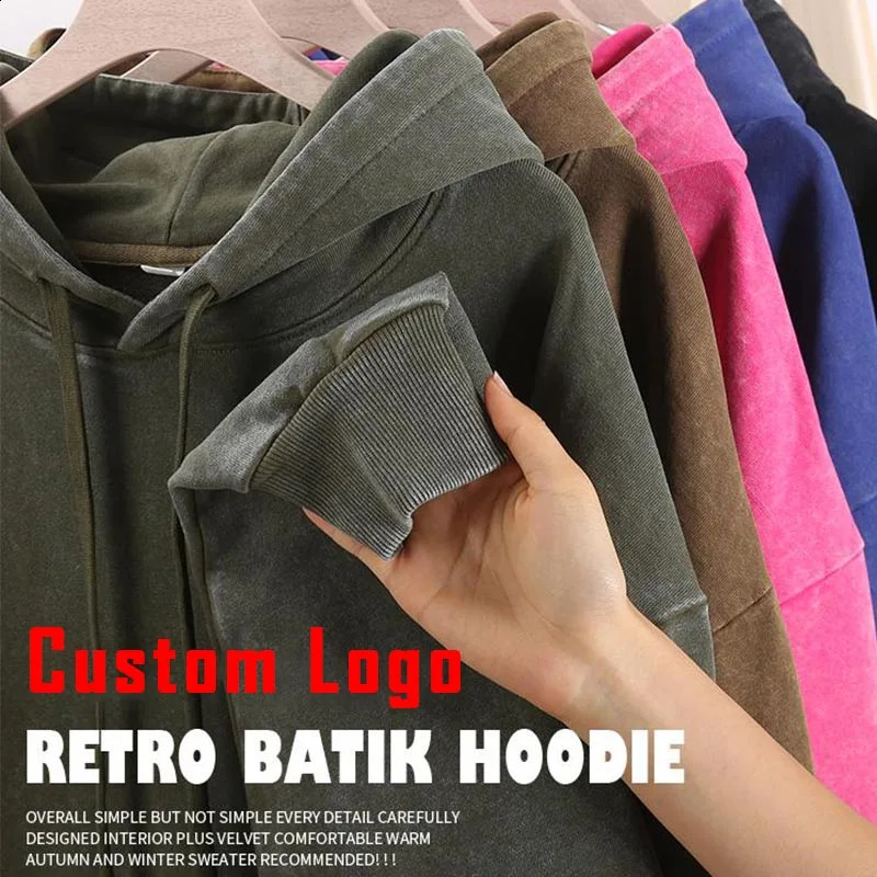 DIY custom 100% pure cotton mens retro color pickled hooded sweatshirt mens oversized hip-hop sportswear casual Y2K streetwear240802