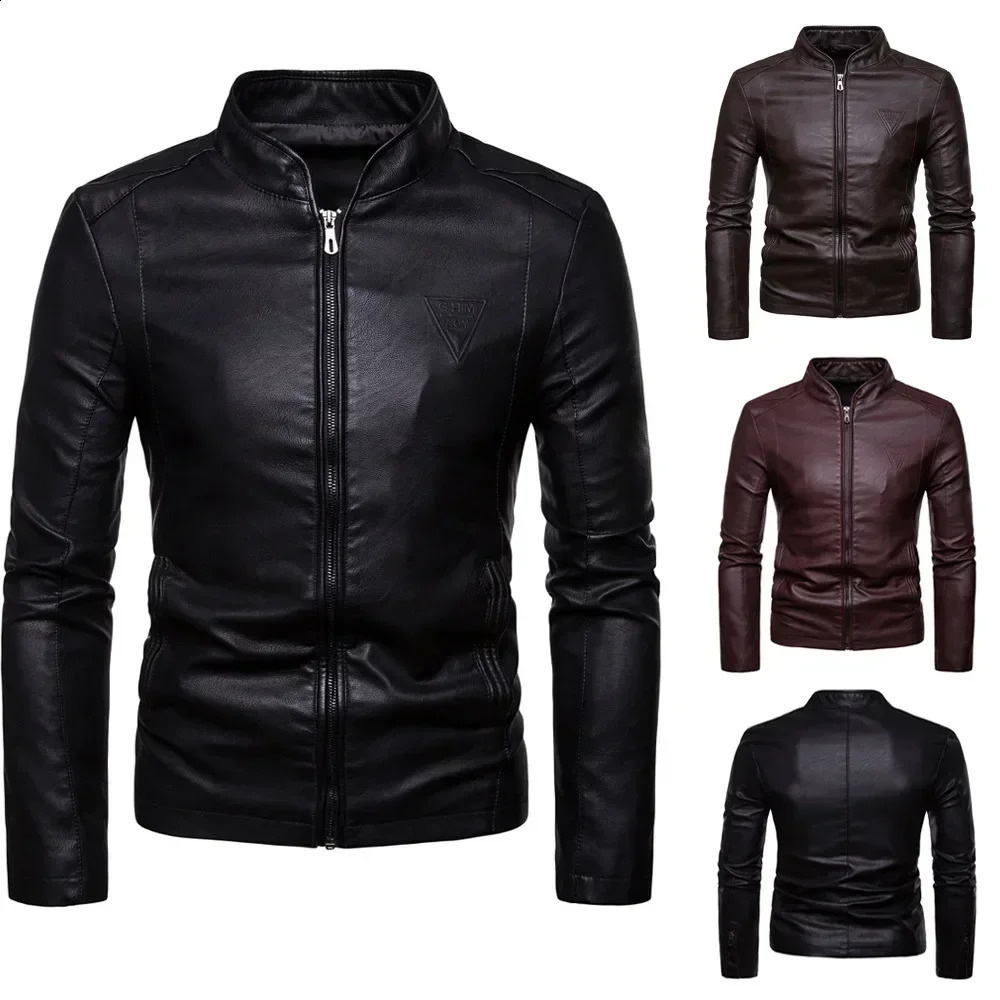 Mens jacket mens synthetic leather classic stand up collar motorcycle slim fit with full zipper long sleeves for winter outdoor wear 240802