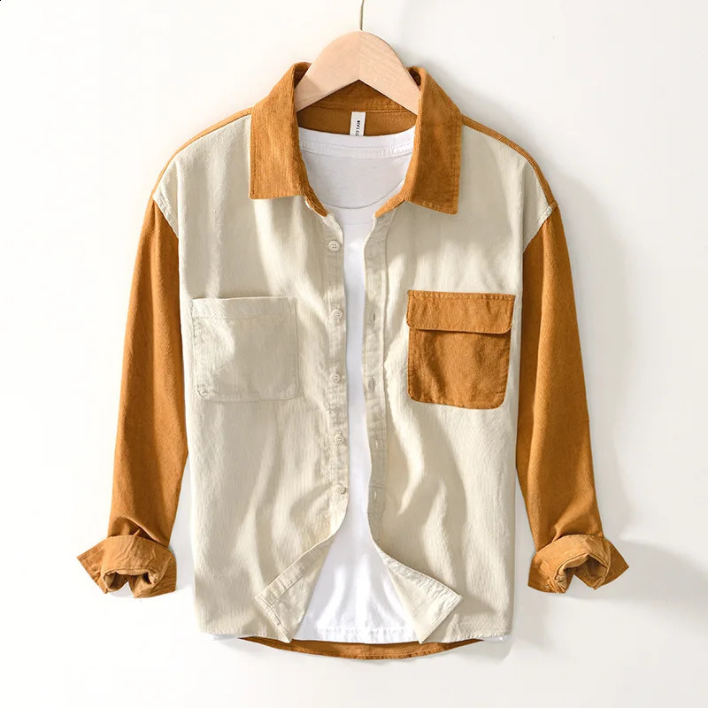 Spring and autumn high-quality mens Corduroy collar cotton 100% casual patch work shirt pocket mens top240802