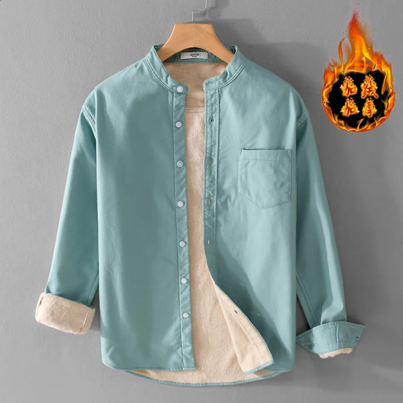 Thick warm large standing collar cotton shirt mens trend French long sleeved top 5-color chemical mens style240802
