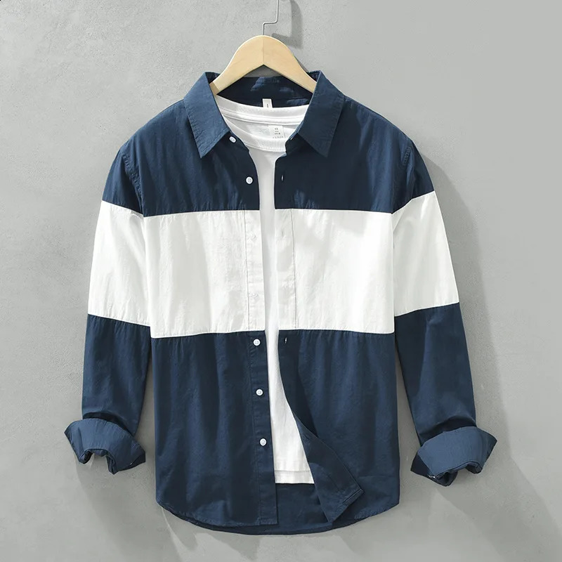 Korean style spring and summer mens clothing 100% pure cotton lapel decal fabric contrasting color shirt long sleeved loose casual mens clothing2408