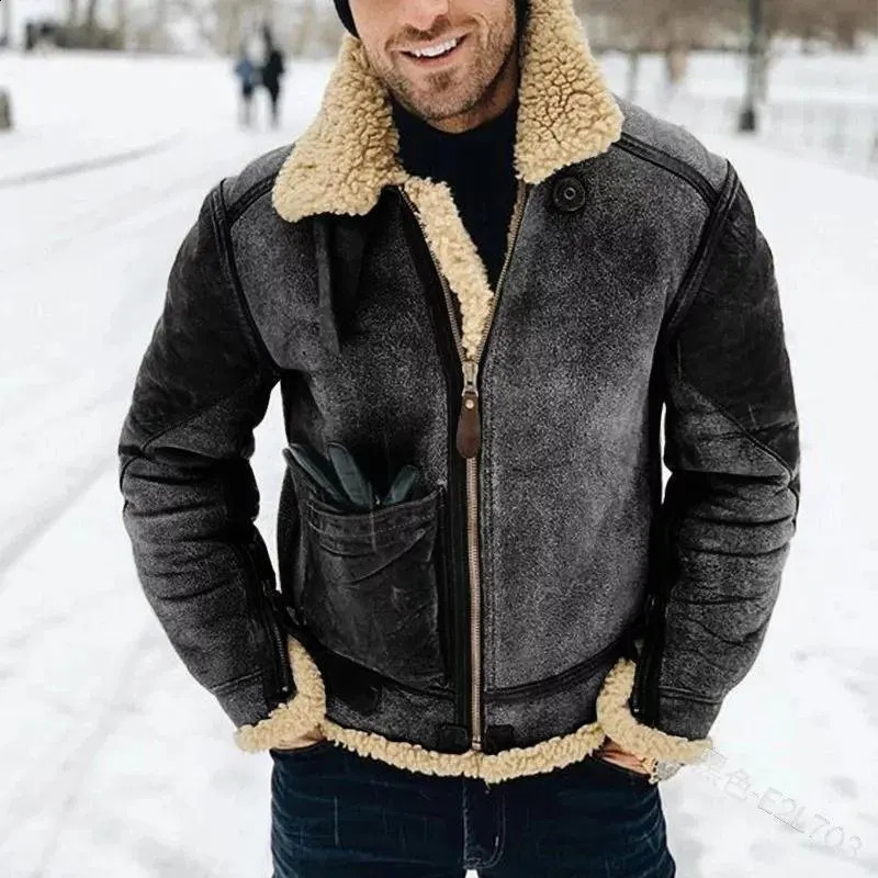 Leather and fur integrated mens short jacket retro fashion casual patchwork winter thick faux leather 240802
