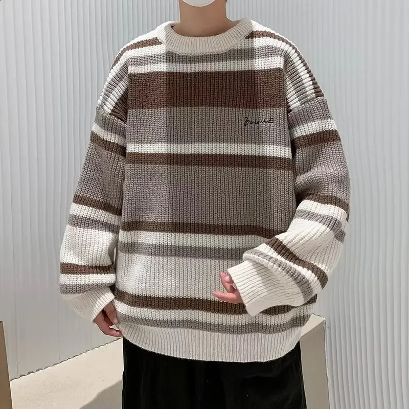 Fashion striped color block sweater mens Korean casual knitted top unisex fashion loose fit suitable for round neck wool coat240802