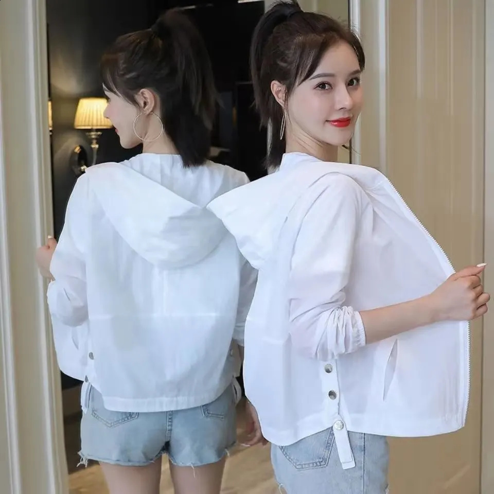 Korean style windproof womens spring jacket 2024 summer ultrathin sunscreen suit white hooded zipper 240802