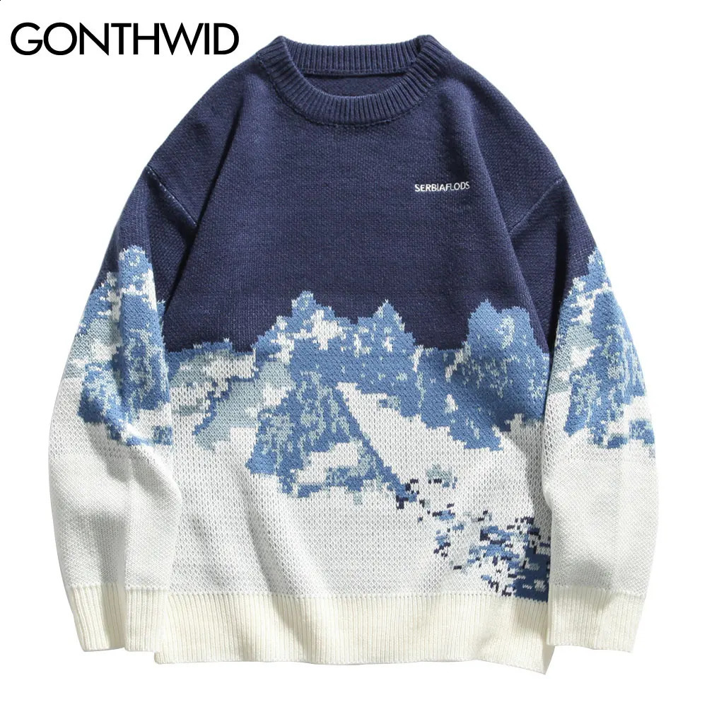 GONTHWID Snow Mountain Knitted Jumper Sweater Street Mens Hip Hop Harajuku Pullover Knitwear Top Fashion Mens Wear240802