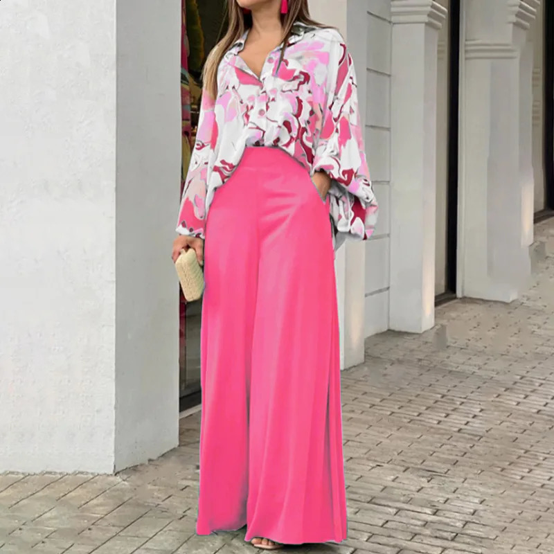 Plus size autumn and winter womens shirt set 2023 printed casual Vneck long sleeved top waist wide leg pants twopiece 240802