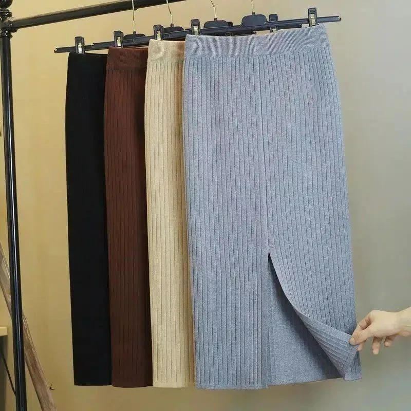 Lucyever Black Gray Knitted Skirts for Women Autumn Winter High Waist Straight Long Skirts Female Korean Slim Fit Bodycon Skirt 240805