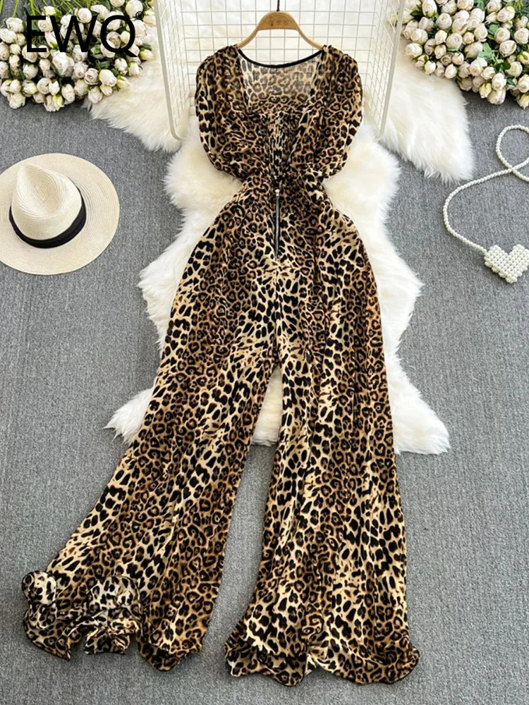 EWQ High Street Leopard Womens jumpsuit V-neck sleeveless zipper High Waist Loose Clothing Fashion 2024 Summer item 27C449240802