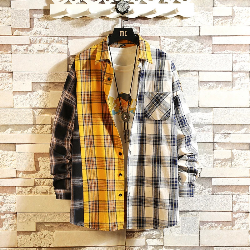 plain contrasting casual loose shirt fashion patch work long sleeved casual shirt hip-hop street clothing mens shirt240809