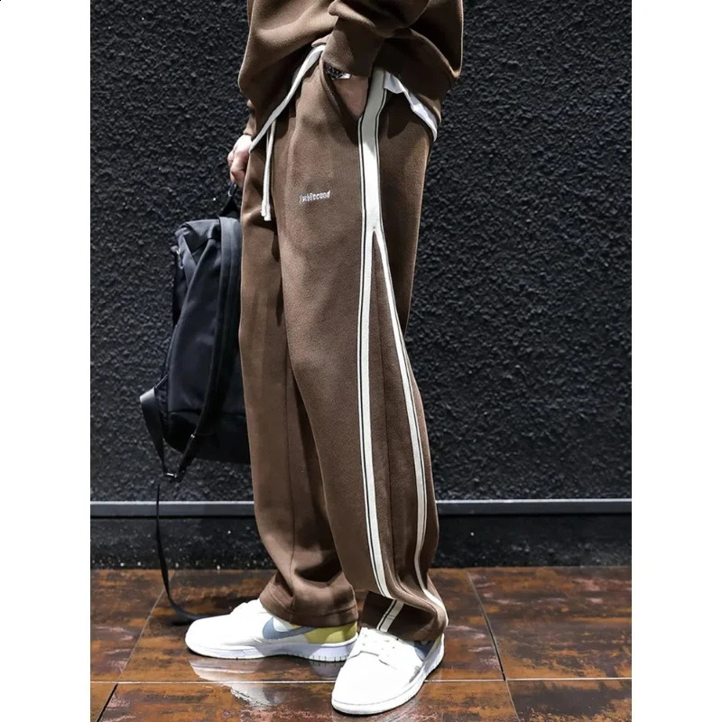 Spring and autumn fashion elastic waist striped casual mens clothing straight loose pocket high waist brushed trend cargo pants240805