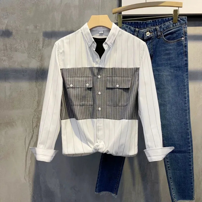 Mens square neckline spring and autumn retro striped patch work color lock long sleeved slim fit button open casual shirt top240802