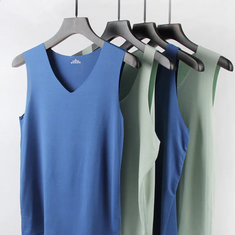 Summer mens casual vest seamless breathable ice silk Tshirt sports solid color sleeveless Vneck 240802