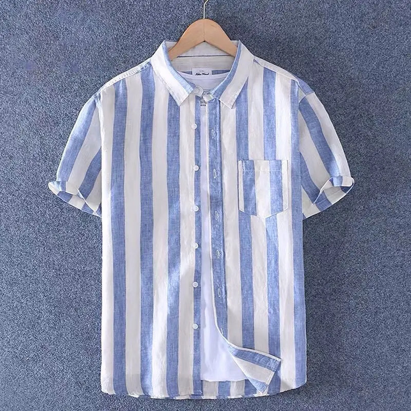 Pocket Street Casual Shirt Fashionable Simple and Handsome Office Womens Stripe Loose Mens Button Spring Summer Elegance Thin240802