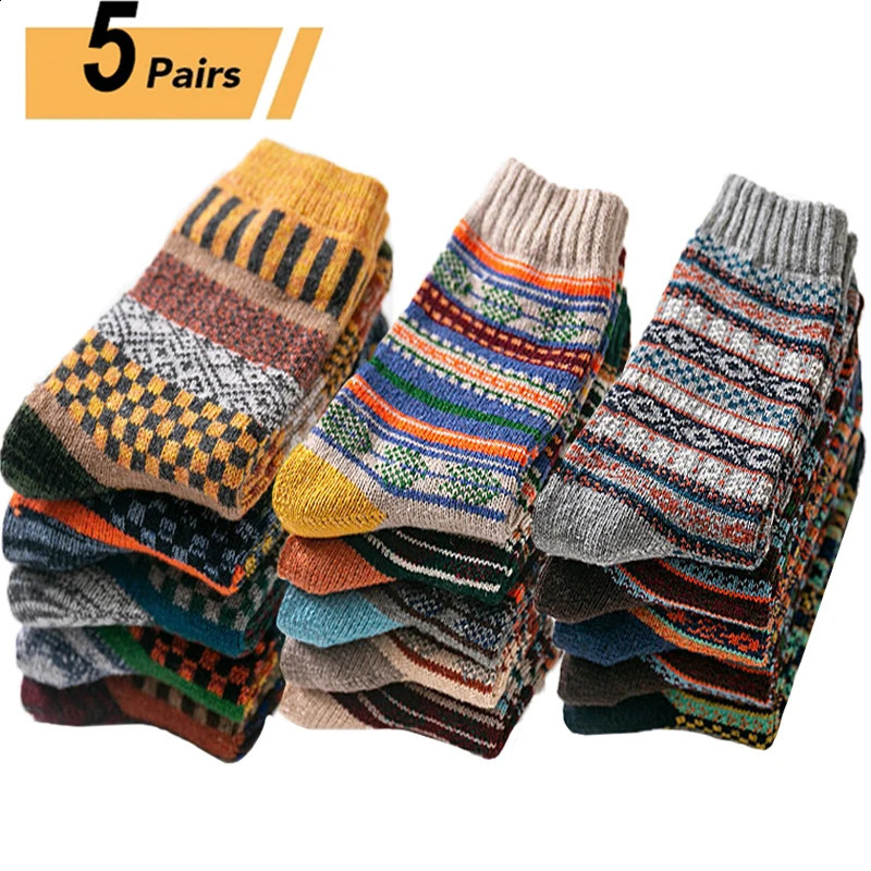 10pcs = 5 paires d'automne d'hiver hommes épaississent les chaussettes de coton de la mode rétro de harajuku chaud de haute qualité 240805
