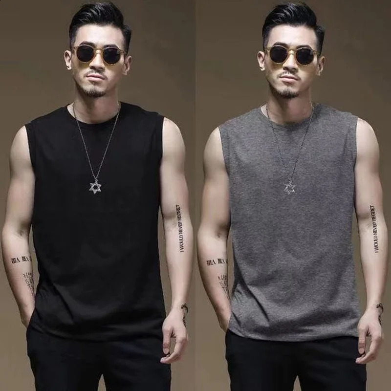 Mens summer solid staff collar Tshirt casual mens sleeveless vest underwear ultrathin waist 240802