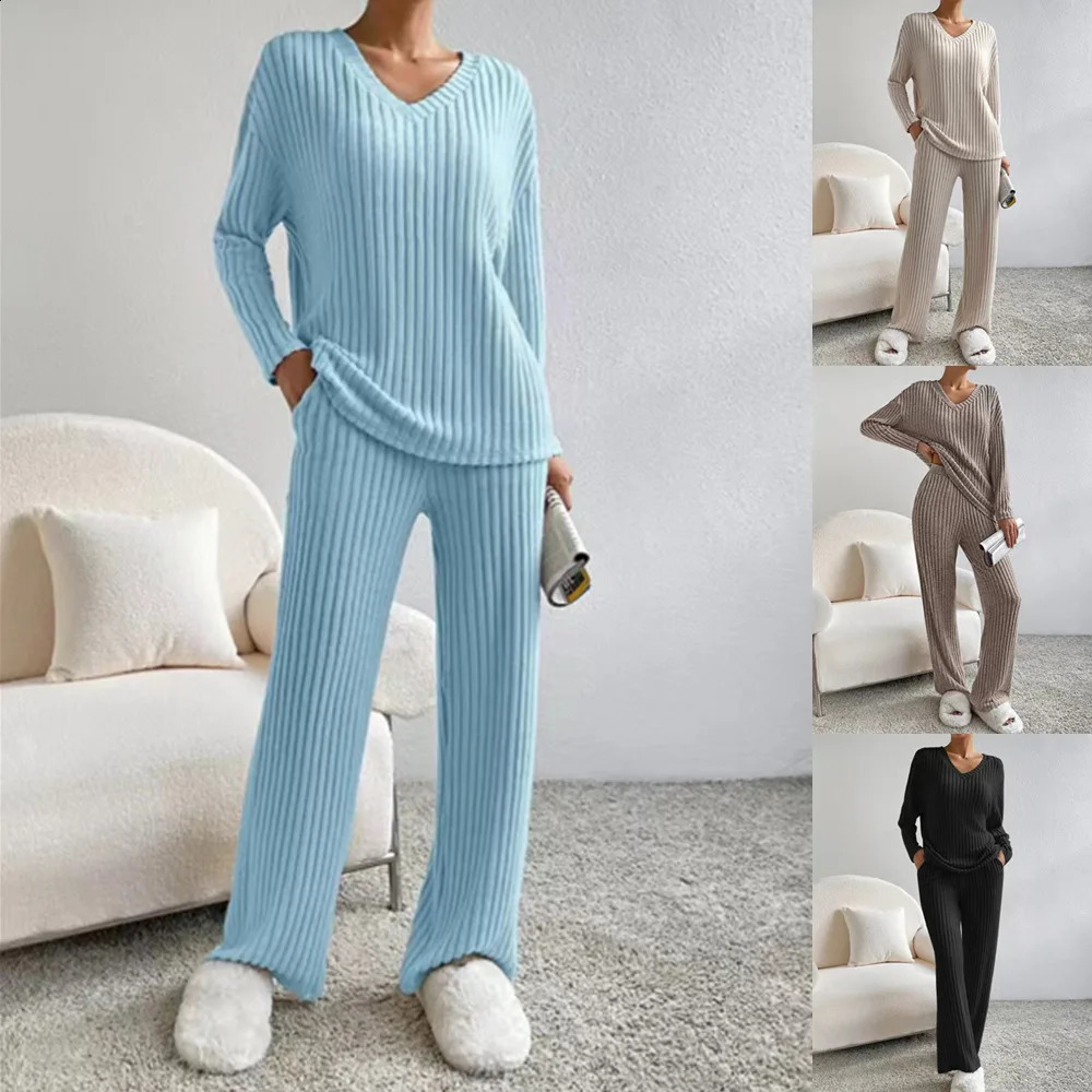 Womens track suit knitted woolen clothing set autumn V-neck zipper top mens casual two-piece set240805