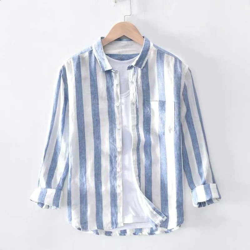 Chemise à rayures décontractée homme 2024 printemps été col tailleur boutons poches coupe ample style coréen chemise haut
