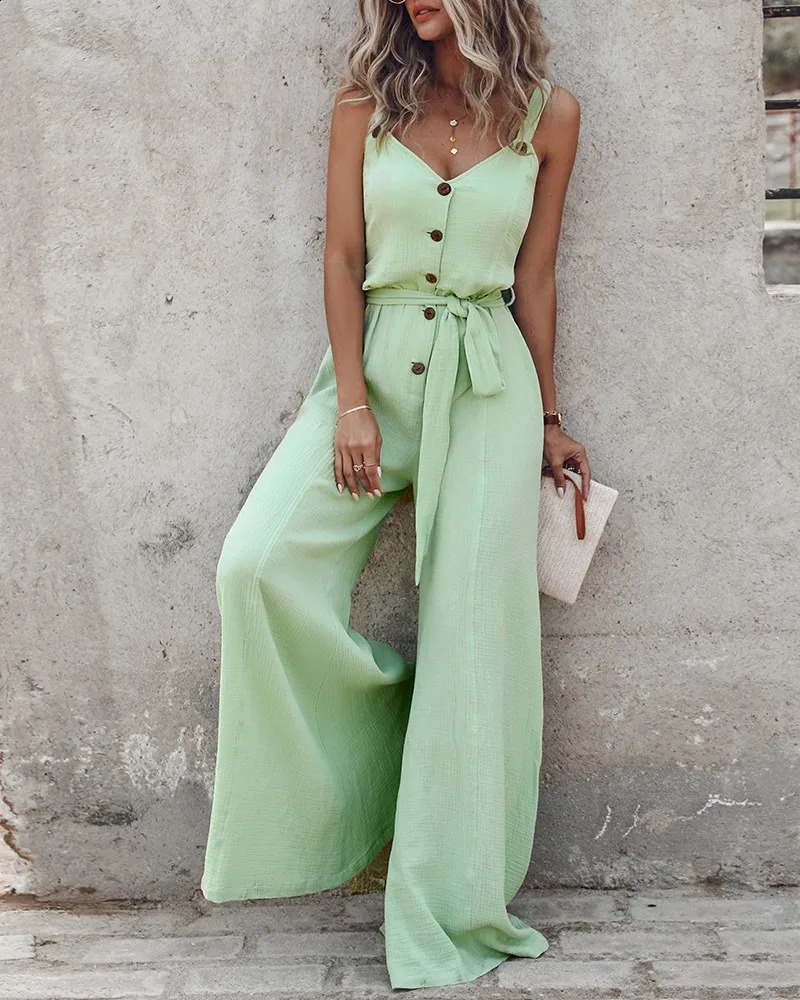Summer jumpsuit womens fashionable sleeveless tie details V-neck ordinary casual day wide leg jumpsuit Y2K streetwear240802