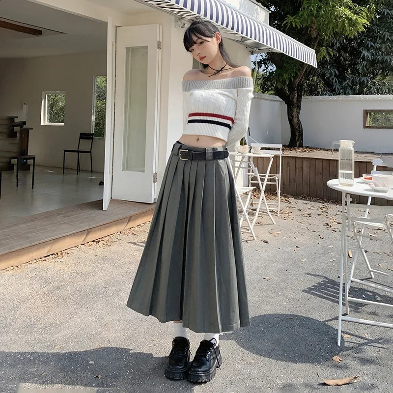 YC Original Grey Preppy Style High-Waist Sincall Sincming Polyding Womens Jirt Long Robe Automne Saison Fashion Plaid 240805