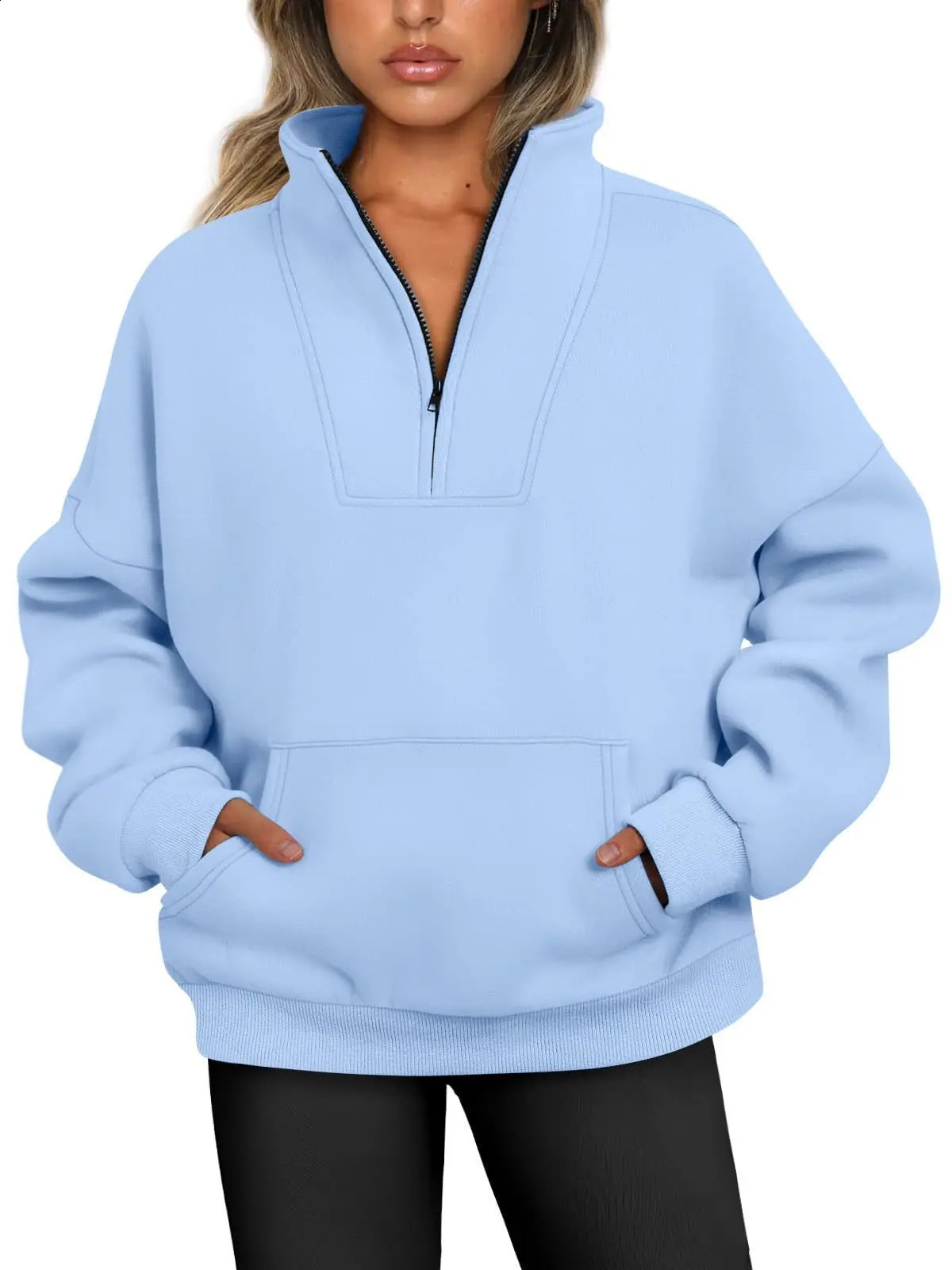 Autumn and winter stand up collar solid color sweater pocket zipper womens casual loose wool lace top240805