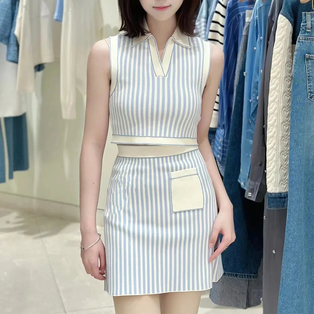Crop Top Blue Set Vertical Stripe Polo Neck Sleeveless Knitted Tank TopHalf Sleeve Womens Home 2024 Spring/Summer Collection240805