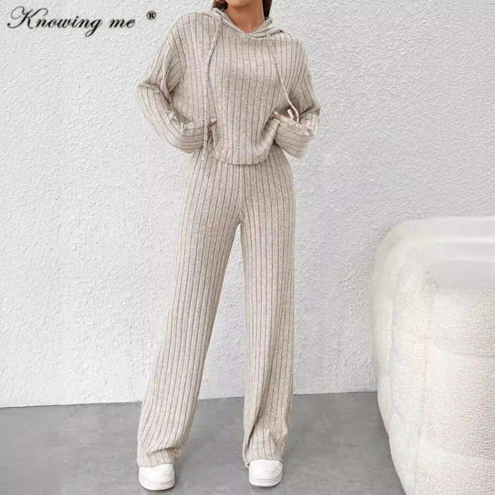 Womens ribbed lounge clothing set elegant casual hooded long sleeved 2-piece set womens fashionable solid color knitted set240805