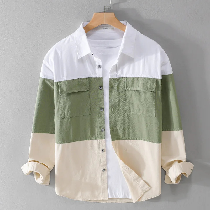 Patchwork de style coréen Spring and Summer Mens Cotton 100% quotidien poche décontractée Mentille Ultra-Thin Slim Fit Streetwear Top240802