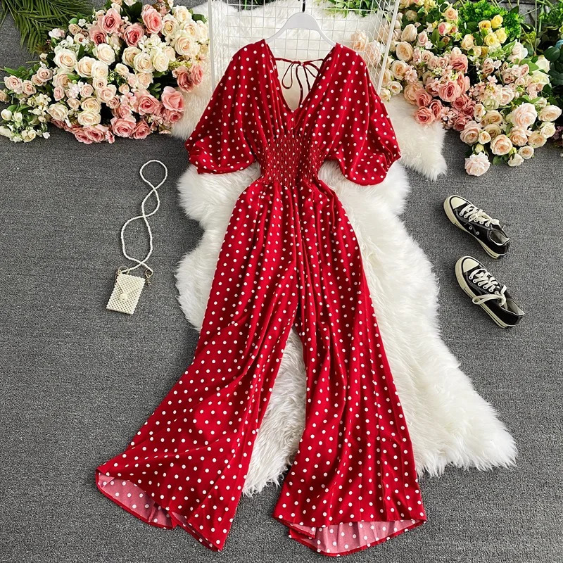 Womens wide leg Trouser jumpsuit V-neck sexy Dolman sleeve waist ultra-thin polka dot print jumpsuit240802